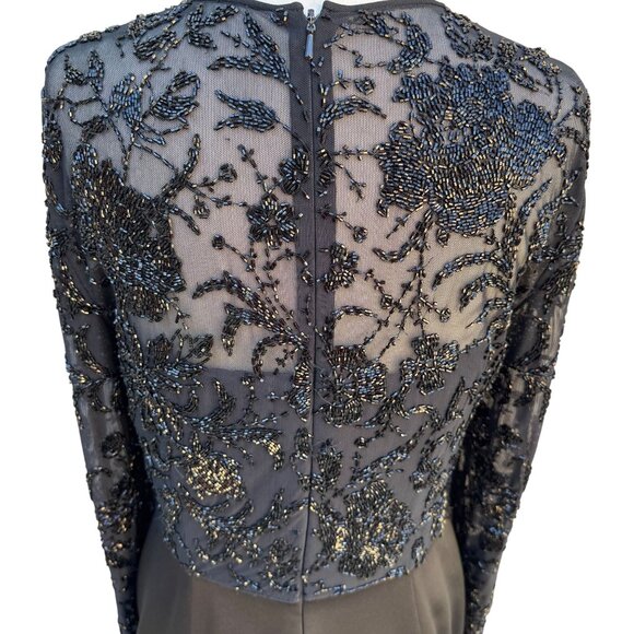 Oleg Cassini Black Tie Black Beaded Evening Gown Sheer Floral Bodice Long Sleeve - Picture 5 of 14
